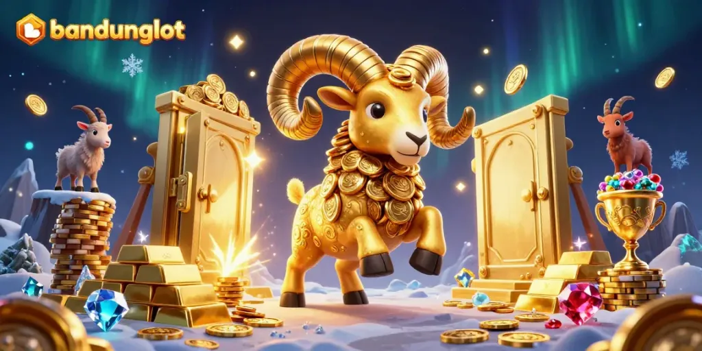 Experience the thrill of bandungslot with a powerful golden ram charging at a treasure vault, radiating wealth and excitement.