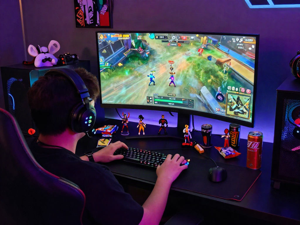Situs gacor gaming scene with player engaged in competitive gameplay surrounded by RGB lighting and gaming gear.