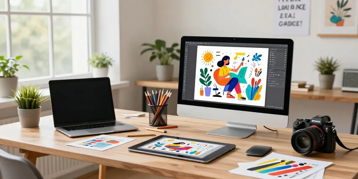 Creative workspace showcasing an artist using an AI article illustration generator to design vibrant illustrations.