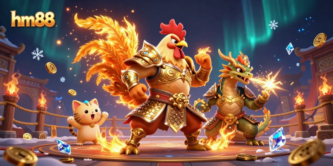 Win big at hm88 with a dynamic scene featuring fighting rooster warriors and a dragon hatchling in a thrilling gambing arena