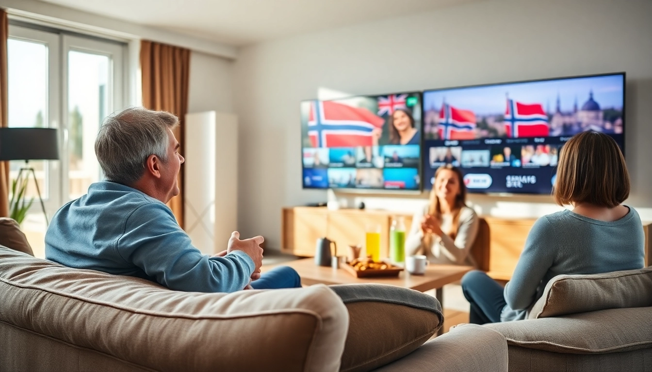 Family watching IPTV Denmark in a cozy living room, surrounded by snacks and a vibrant atmosphere.