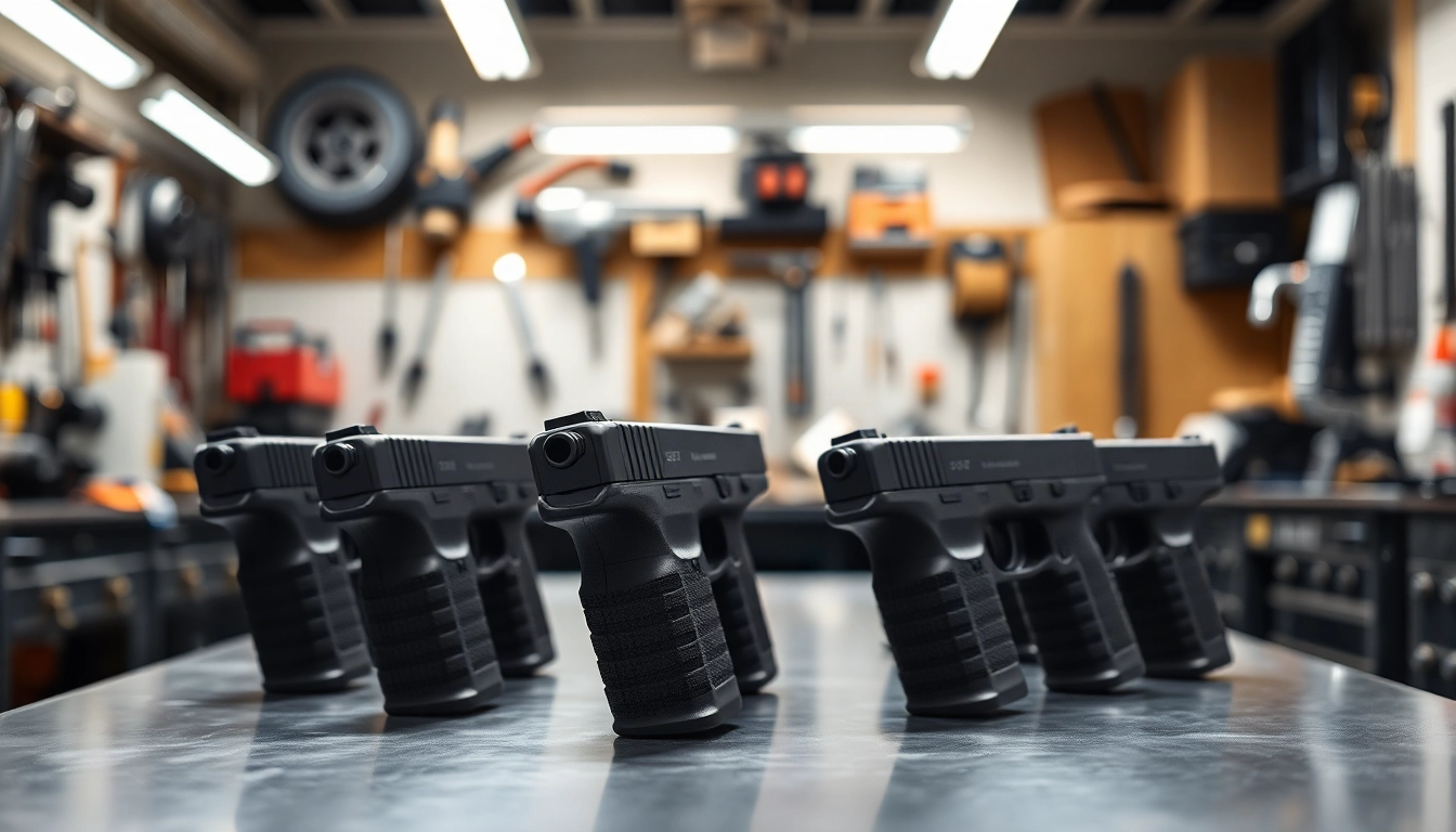 Showcase of glock slides highlighting precision design and craftsmanship in a workshop.