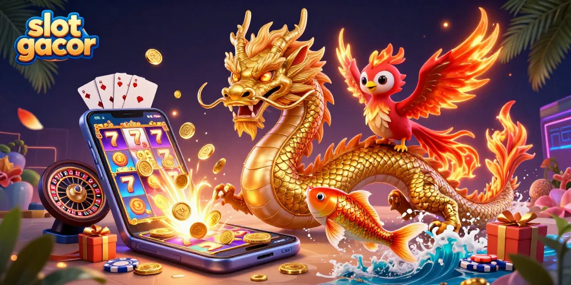 Slot gacor menampilkan naga emas dan ikan koi berkilau dengan permainan slot di latar belakang.