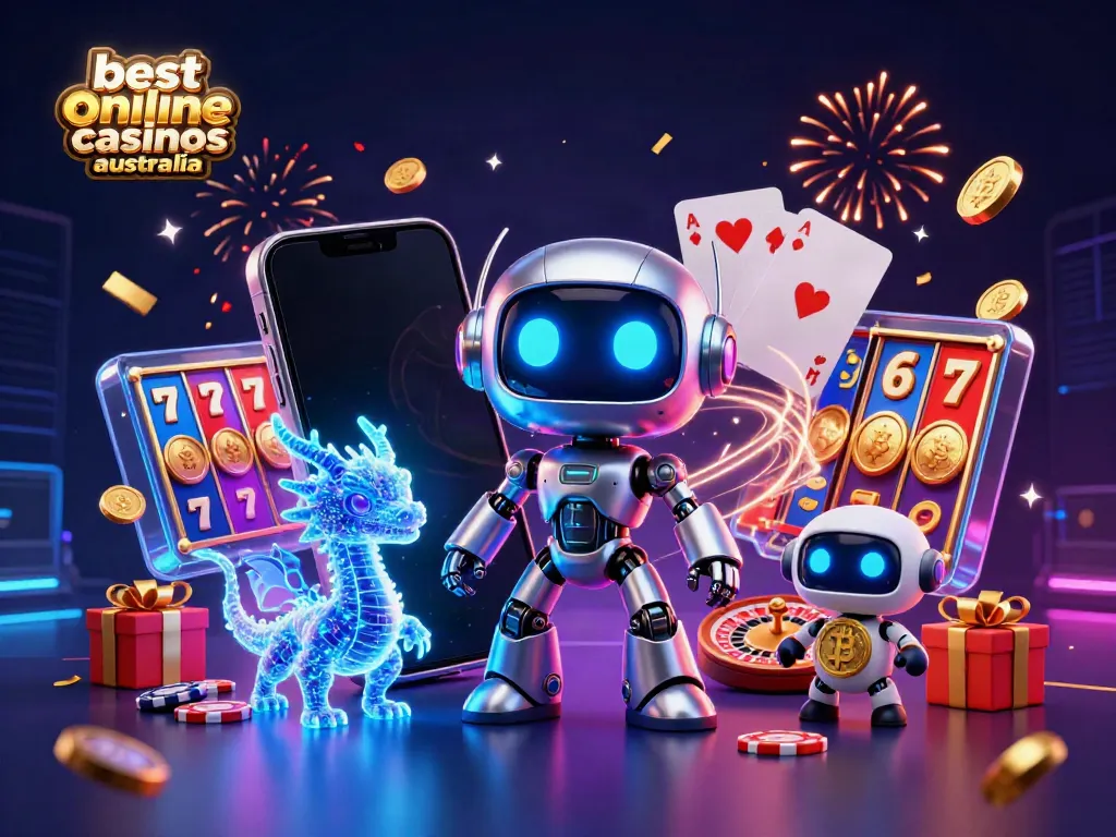Engaging scene showcasing best online casinos Australia with a cyberpunk robot, AI dragon, and drone amid casino games.