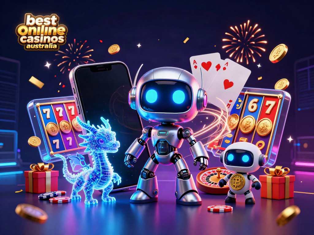 Engaging scene showcasing best online casinos Australia with a cyberpunk robot, AI dragon, and drone amid casino games.