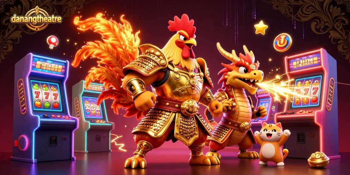 Engage with danangtheatre's thrilling gaming environment featuring a powerful rooster warrior and armored dragon in a vibrant casino scene.