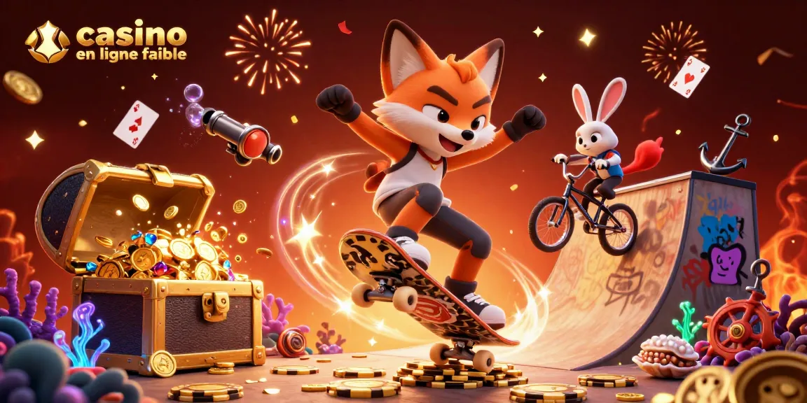 Découvrez l'illustration du casino en ligne fiable avec des personnages animés effectuant des tricks à proximité des jetons.