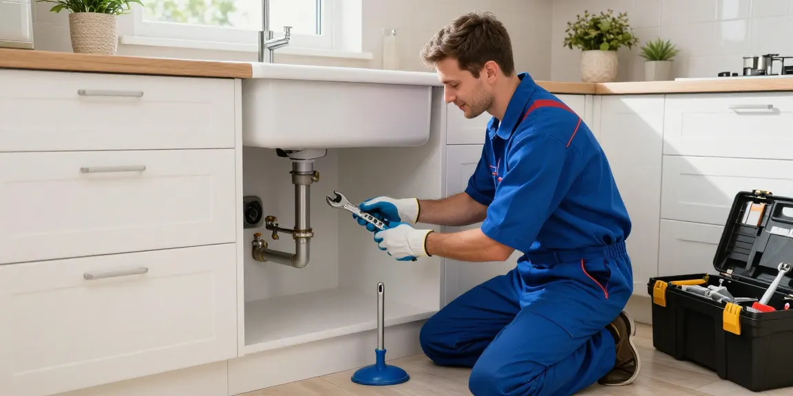 Professional plumber in Stevenage inspecting kitchen piping system with tools in bright environment.