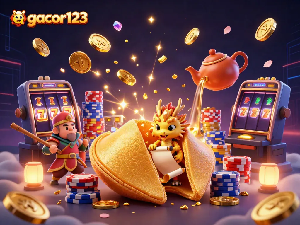 Play exhilarating slots and win with gacor123, featuring golden coins, fortune cookies, and vibrant game elements.