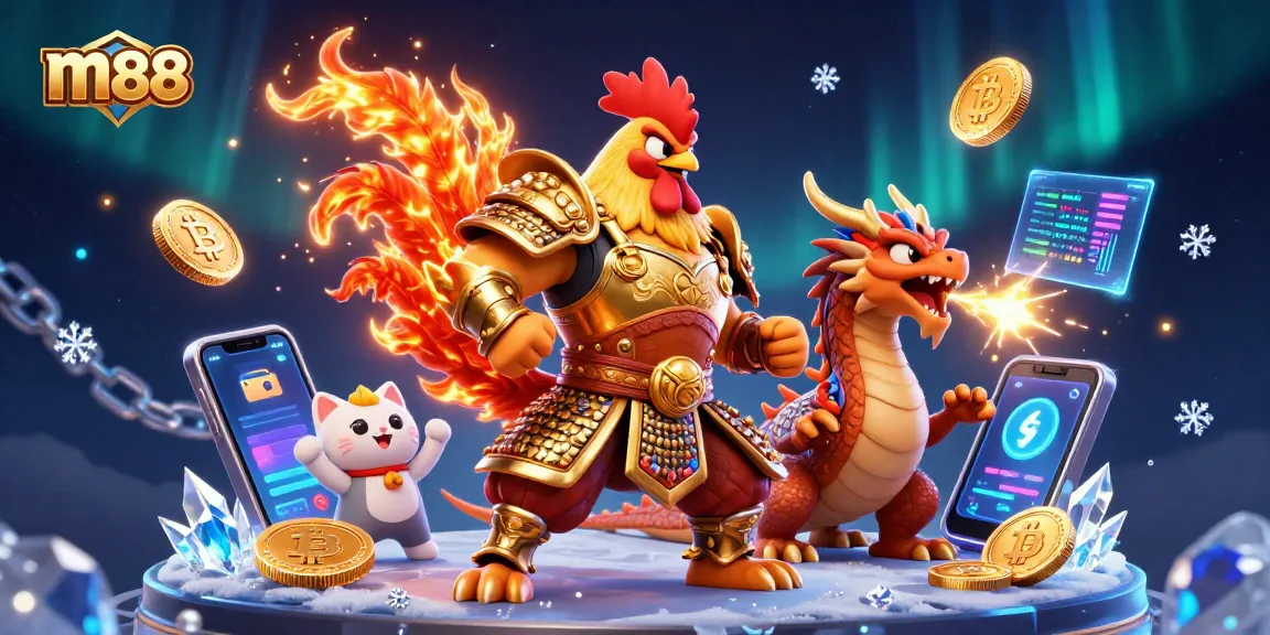 M88 brings thrilling entertainment with a fighting rooster warrior and dragon hatchling in a vibrant, winning casino scene.