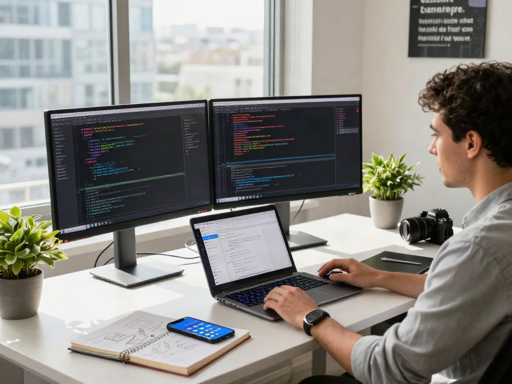 Developer coding with crushon app in vibrant workspace, showcasing tech-savvy environment.