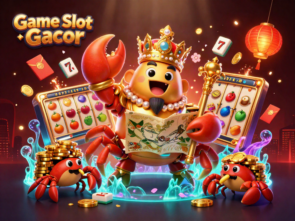 Menangkan Game Slot Gacor dengan ilustrasi kasino bertema kepiting emas dan simbol slot