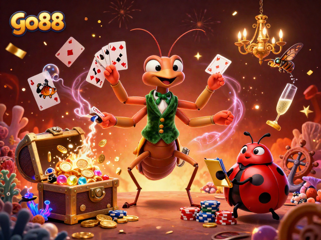 Experience high-stakes excitement with go88, featuring a praying mantis card sharp and vibrant casino elements.