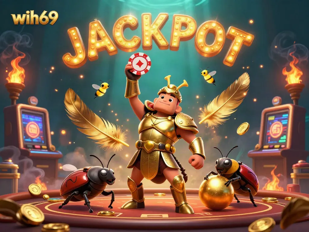Mengangkat chip poker, karakter beetle gladiator di wih69 dengan suasana kasino kaya.