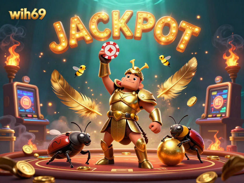 Mengangkat chip poker, karakter beetle gladiator di wih69 dengan suasana kasino kaya.