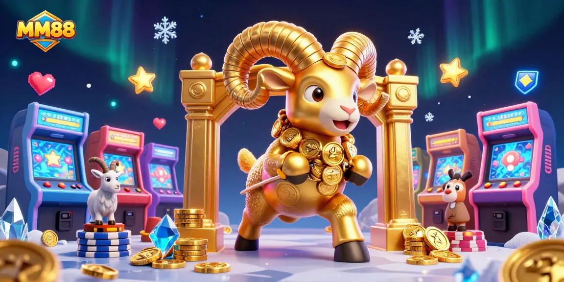MM88 showcases a golden ram at the gates of excitement among colorful gaming and casino elements.