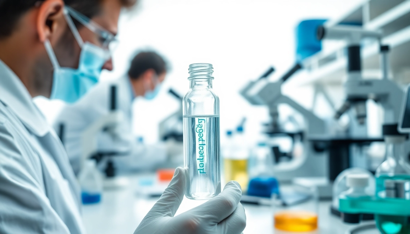 Researcher presenting dihexa peptide buy in a modern lab setting with advanced equipment.
